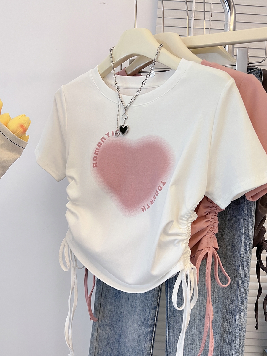 粉色正肩短袖t恤女夏季2023新款修身体恤设计感小个子短款上衣 - 图0