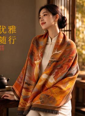 羊绒围巾女秋冬中国风油画披肩加厚保暖流苏氛围感围脖高档礼盒装