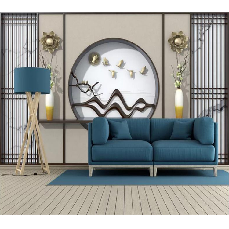新中式松树花鸟电视背景墙壁布自带边框客厅沙发新款卧室床头壁画 - 图1