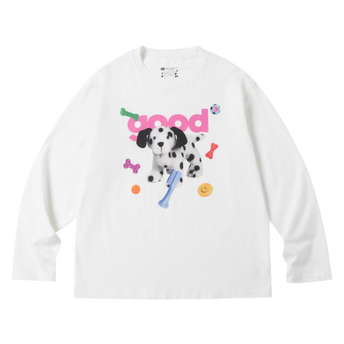 美好商店MeihaoStore白色玩具斑点狗good印花休闲宽松长袖T恤纯棉 - 图3