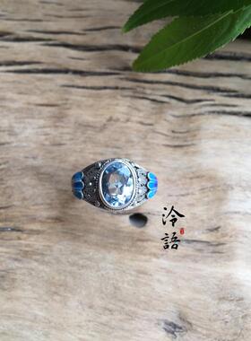 纯银烧蓝镶嵌托帕石戒指