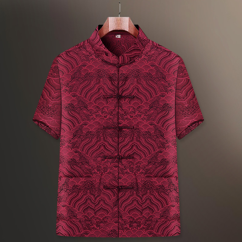 真丝唐装男中老年短袖薄款衬衫桑蚕丝爸爸夏装套装爷爷中国风男装,淘宝优惠券,粉丝福利购,淘宝优惠卷