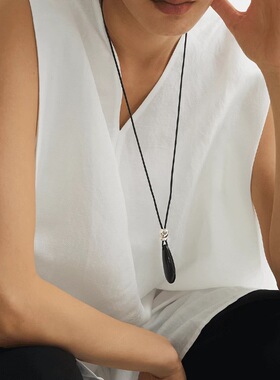 黑色水滴吊坠长款毛衣链小众设计极简百搭项链