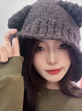 蔡小胖帽子逛街可爱女秋冬熊耳朵