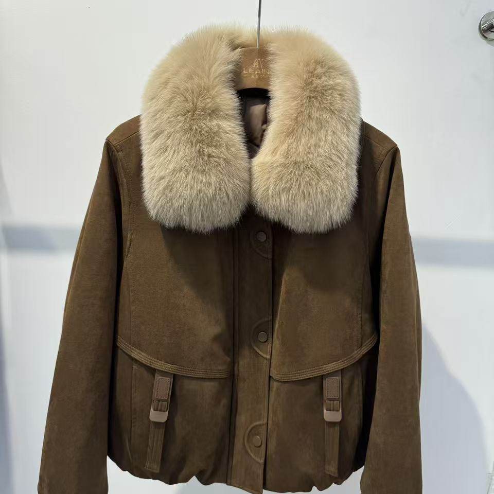 正品大狐狸毛鹿皮绒白鸭绒洋气外套2025冬季新品时尚保暖羽绒服,淘宝优惠券,粉丝福利购,淘宝优惠卷