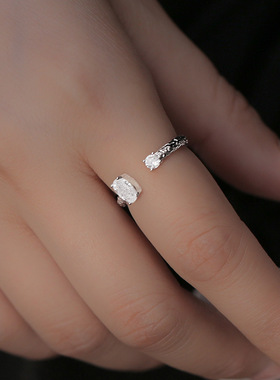 新款S925银肌理感开口镶钻戒指女
