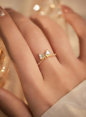 新款S925银甜美锆石蝴蝶结戒指女