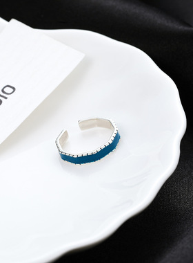 新款S925银蓝色滴釉个性戒指女简