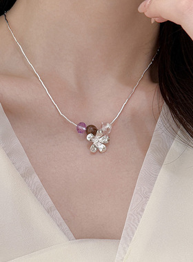 新款S925银银管花朵水晶檀木项链