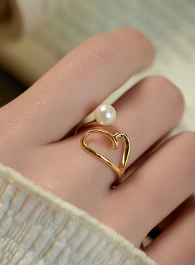 新款S925银时尚镂空爱心贝珠戒指