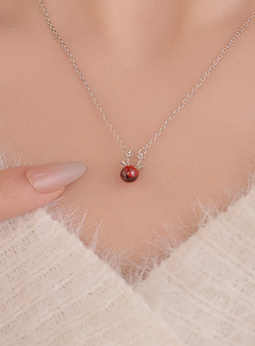 新款S925银红色石榴石麋鹿项链女