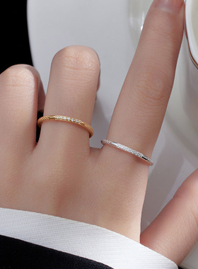 新款S925银素圈镶钻戒指女简约轻