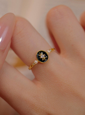 新款S925银黑色滴釉珍珠戒指女复