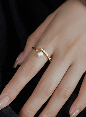 新款S925银轻奢锆石贝珠戒指女日