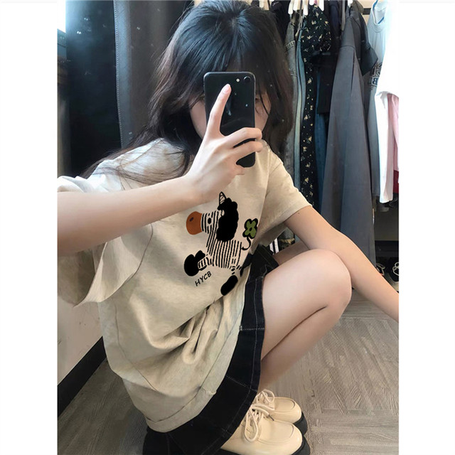 Pure cotton American gray cartoon right shoulder short sleeve t-shirt for women