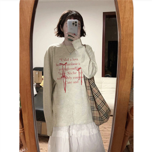 纯棉美式复古字母蝴蝶结长袖t恤女春秋薄款小众设计感宽松打底衫 - 图2