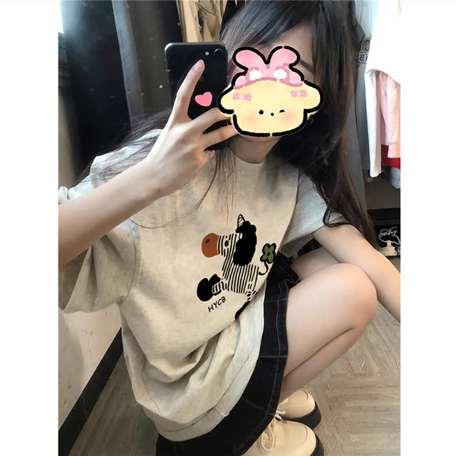 Pure cotton American gray cartoon right shoulder short sleeve t-shirt for women