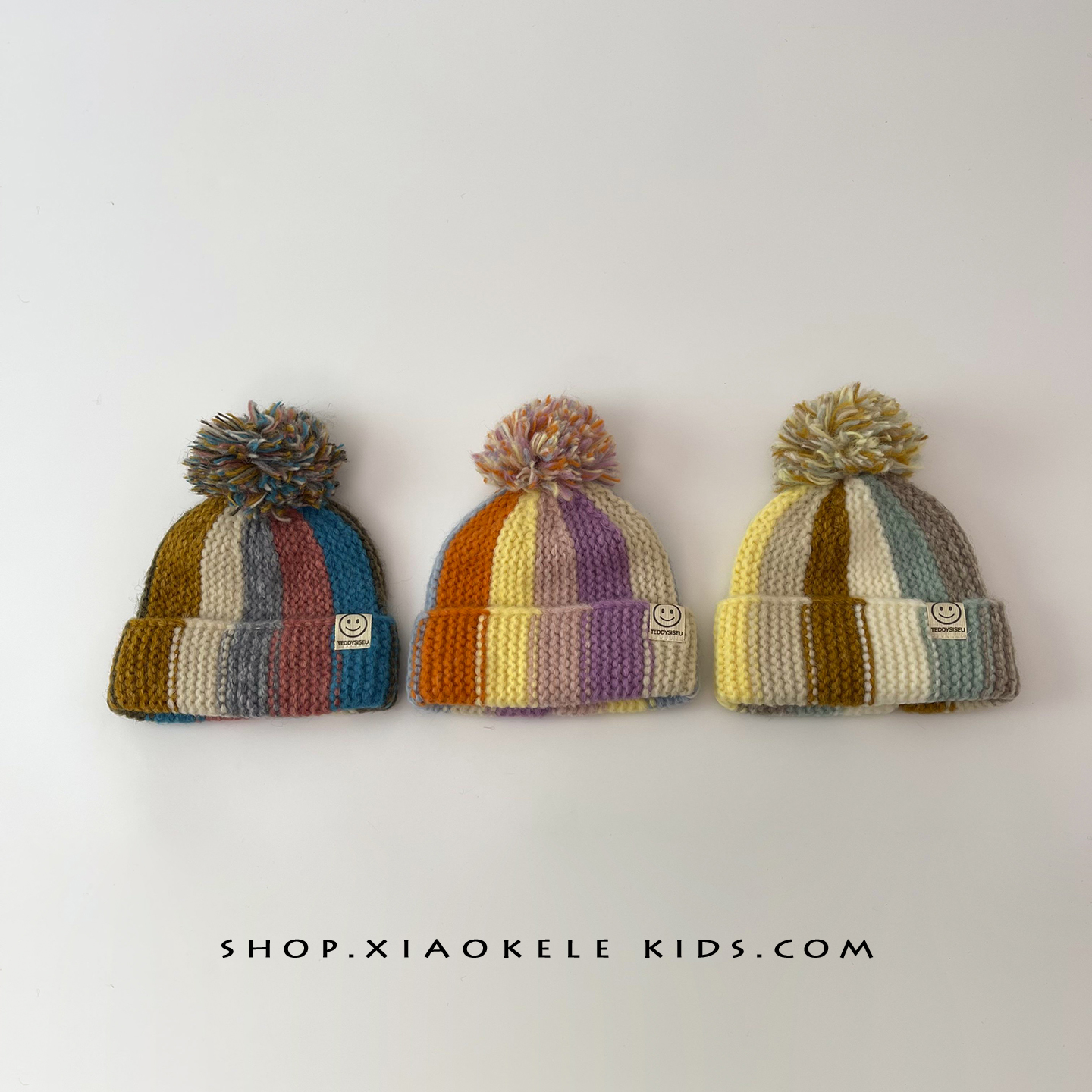 宝宝彩虹帽子男女童秋冬保暖防寒针织套头帽潮童时尚撞色毛球冷帽 - 图2