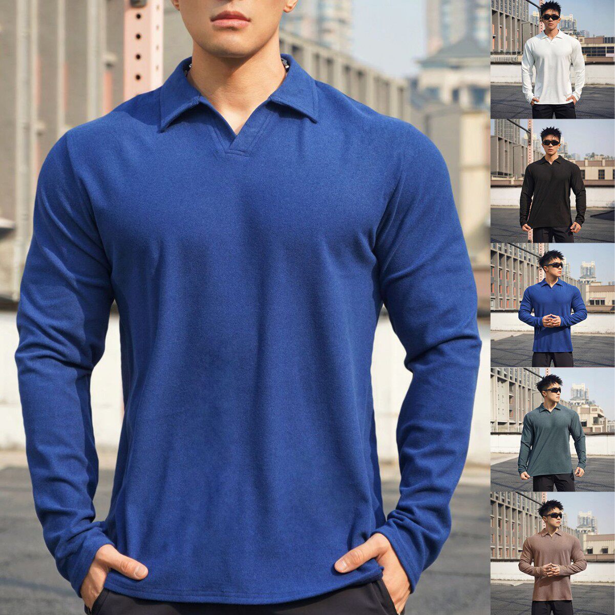 秋冬男士健身运动德绒加厚保暖弹力POLO衫纯色休闲打底长袖T恤 - 图0