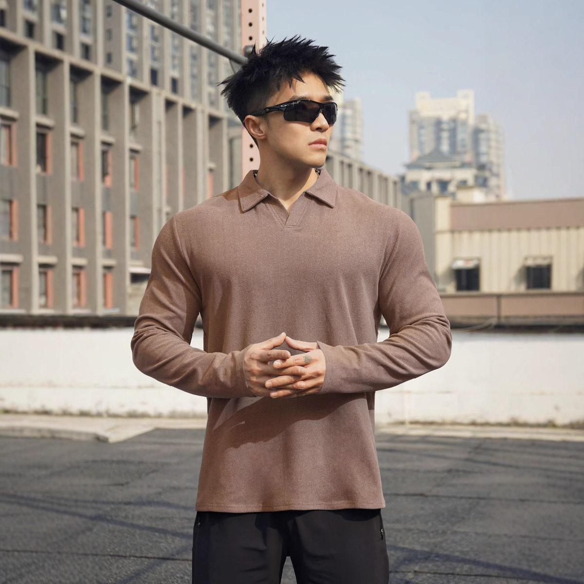 秋冬男士健身运动德绒加厚保暖弹力POLO衫纯色休闲打底长袖T恤 - 图1