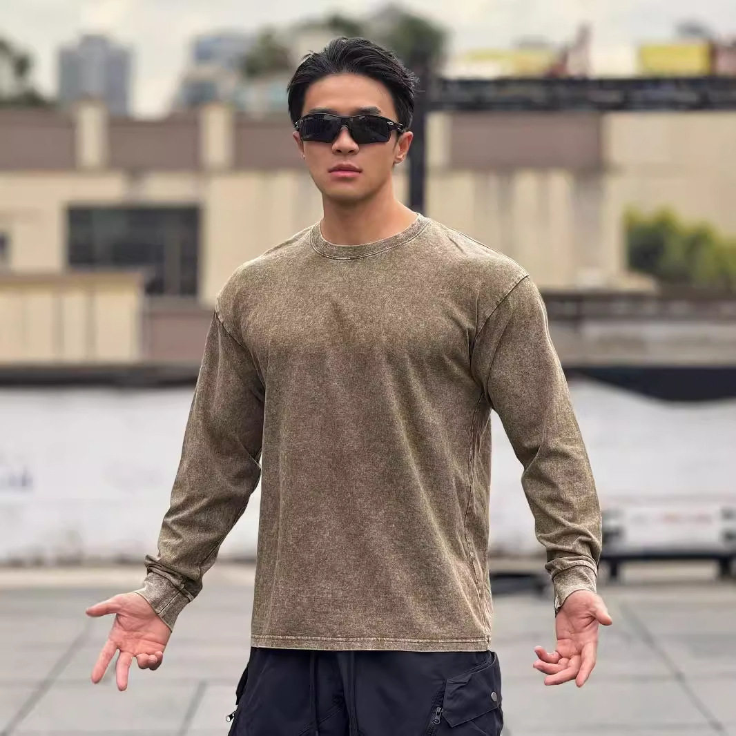 秋冬肌肉男士健身运动训练弹力透气宽肩显大水洗棉做旧长袖T恤,淘宝优惠券,粉丝福利购,淘宝优惠卷