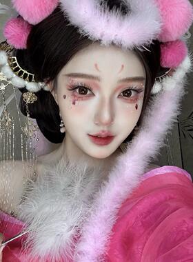 狐狸头饰粉色毛球狐妖cos发饰古装汉服写真白羽毛条影楼拍摄道具