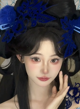新款蓝色剪纸玄女喜鹊头饰国风汉服发饰彼岸花发簪中式旗袍造型