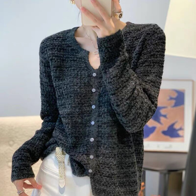 秋季新款精纺羊毛衫时尚剪刀领小香风长袖打底衫气质优雅假开衫