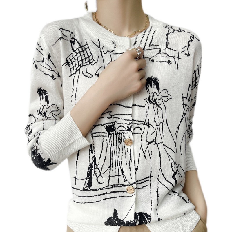 秋季新款精纺超薄微透羊毛针织开衫女小众设计感羊绒涂鸦毛衣外套