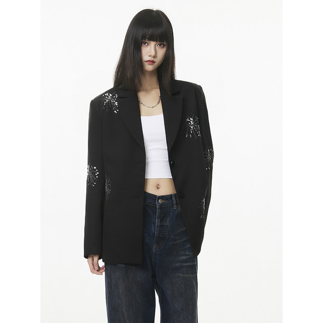 SeeU Xiyou Heavy Industry Fireworks Embroidered Beads Suit Jacket Black Slim Personality Loose Design Suit Women