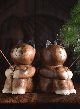 泰国实木雕刻电视柜博古架卡通猫