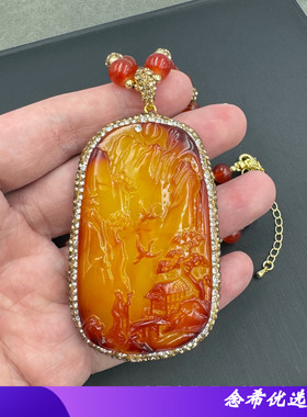 新款二代蜜蜡项链山水图腾吊坠新