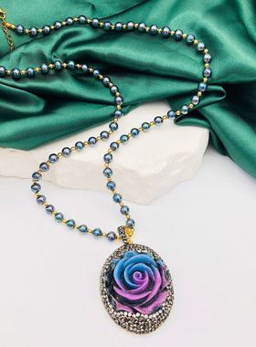 合金圆珠链暗夜玫瑰花吊坠项链