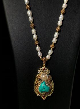 天然淡水珍珠链条项链女绿松石吊