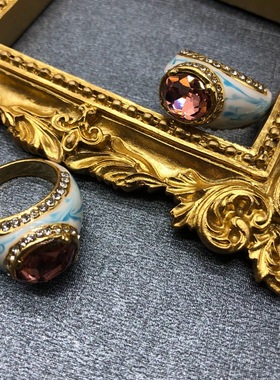 中古着雕刻花边百搭戒指重工彩色