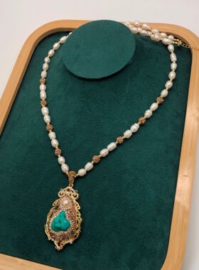 天然淡水珍珠链条项链女手工镶绿