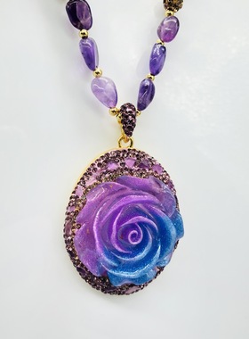 合金双色玫瑰花吊坠紫水晶项链
