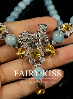 重工密镶满钻豹子手工串珠蓝色石