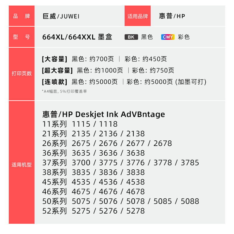 664墨盒适用惠普HP664XL连喷hp 2675 1115 4535 2135 2136 2138 3635学生家庭作业打印机黑色彩色墨水Deskjet - 图3