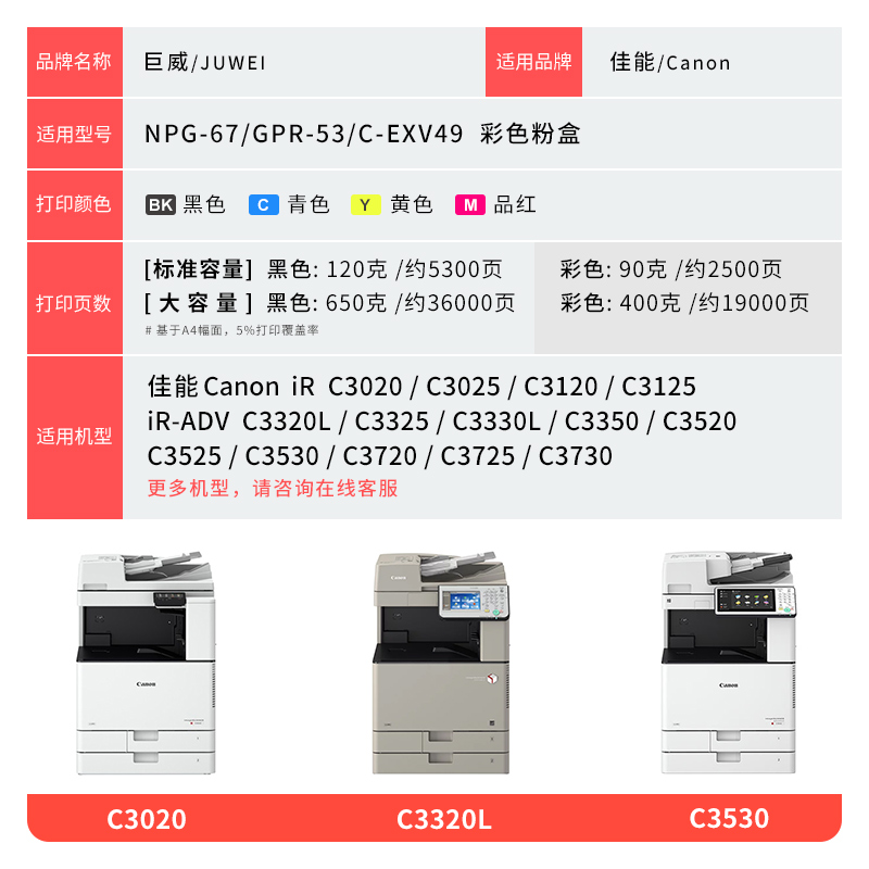 适用佳能NPG67粉盒C3025 C3020 C3320L C3325碳粉IRC3330L C3350 C3520 C3525 C3530墨粉盒C3120 C3125粉筒 - 图3