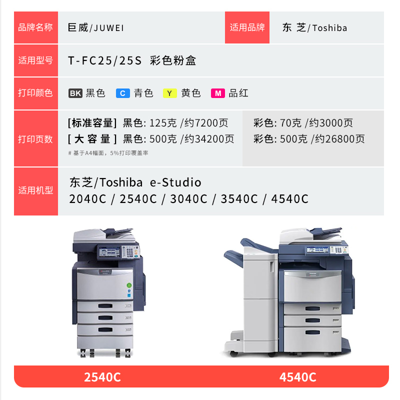 【顺丰】适用东芝2040C粉盒2540C 3040C 3540C 4540C碳粉T-FC25C-K/C/Y/M-5K墨粉e-STUDIO彩色打印复印机墨盒 - 图3