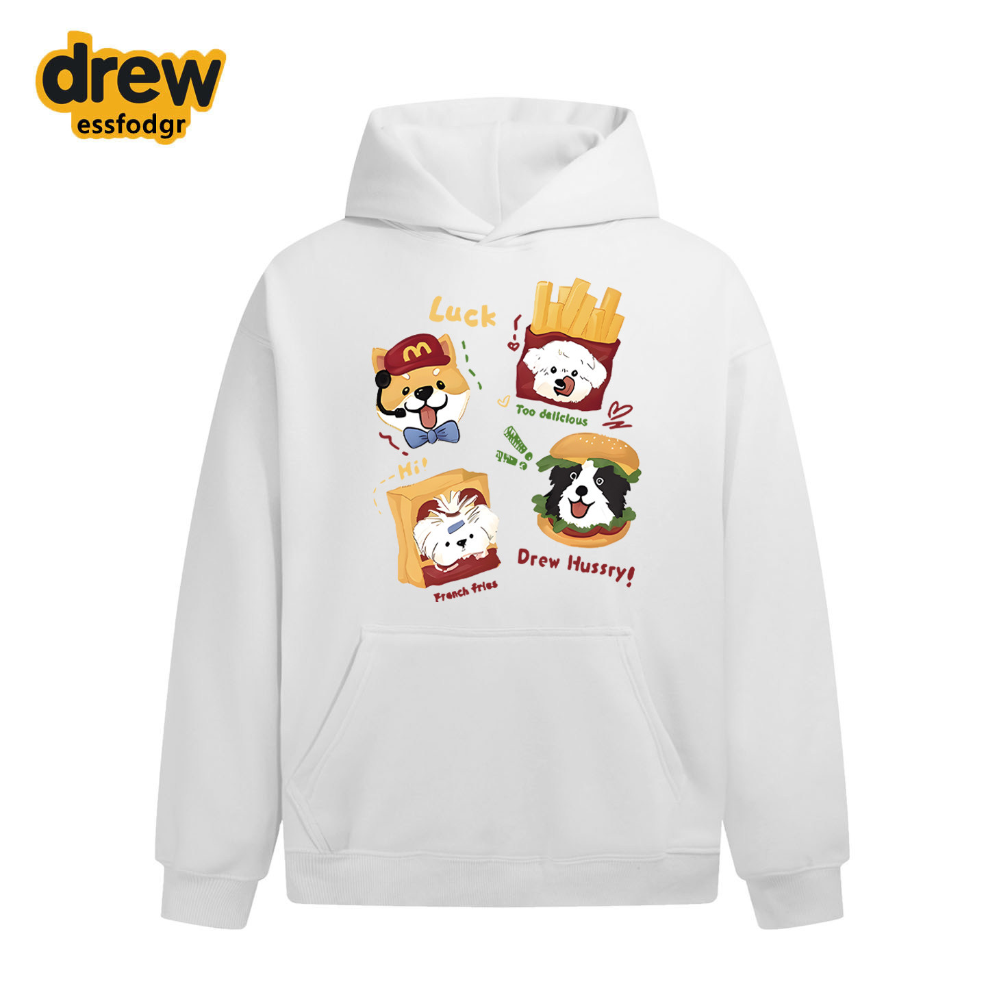 Drew美式潮牌趣味汉堡薯条小狗印花连帽卫衣男女休闲宽松情侣外套