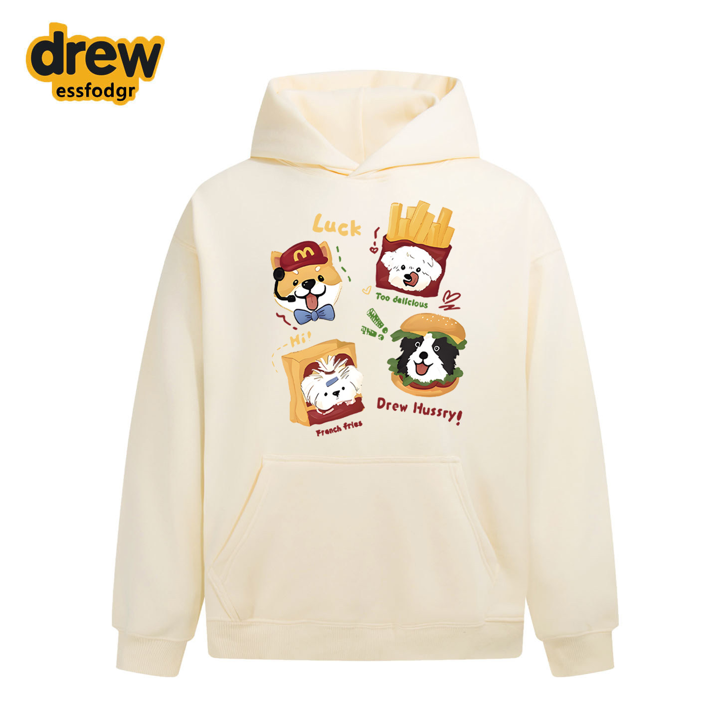 Drew美式潮牌趣味汉堡薯条小狗印花连帽卫衣男女休闲宽松情侣外套