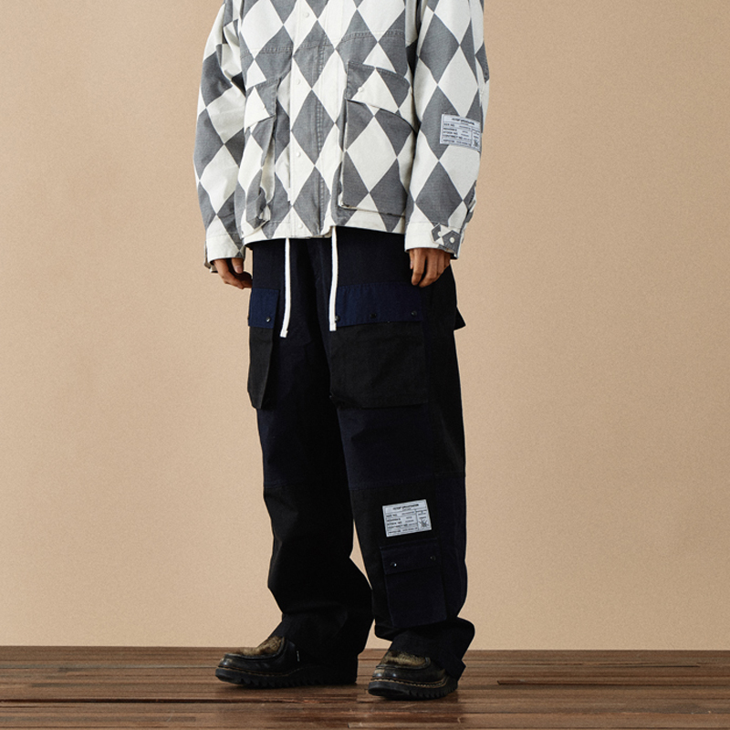 FETCH 春夏男女情侣款撞色拼接口袋休闲宽松工装长裤韩国代购 - 图1