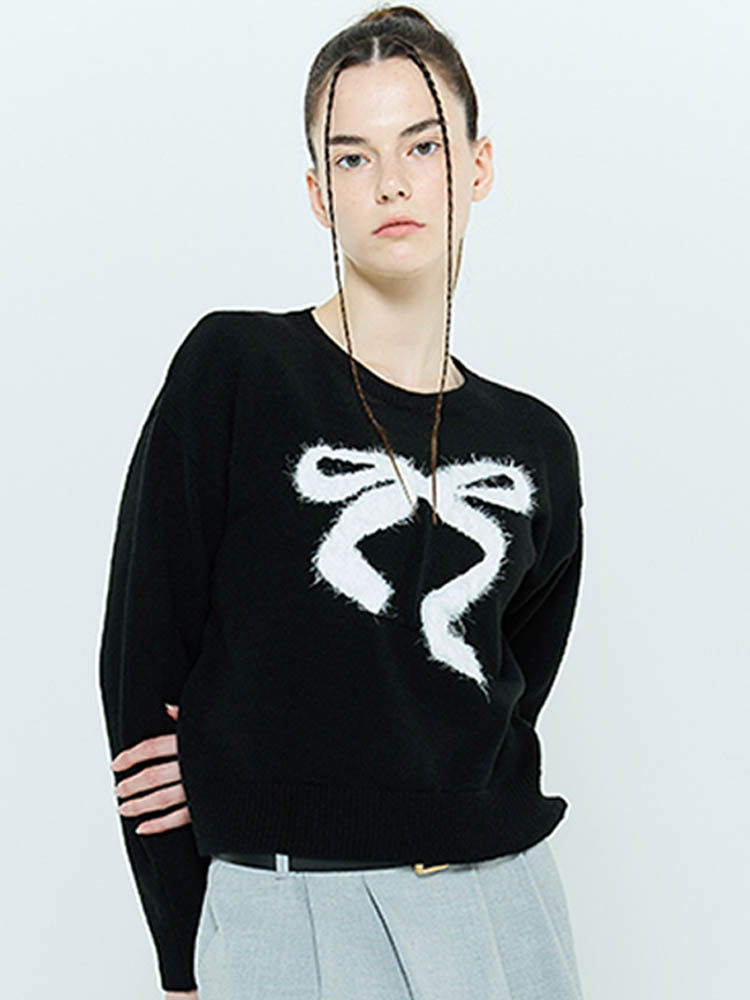 现货李娜妍金所愿同款LARTIGENT23秋蝴蝶结图案毛衣短针织上衣 - 图0