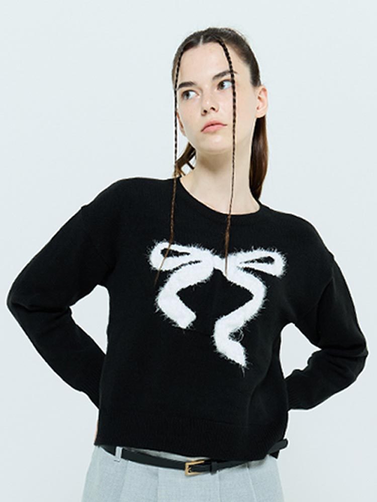 现货李娜妍金所愿同款LARTIGENT23秋蝴蝶结图案毛衣短针织上衣 - 图1