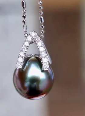 孔雀绿天然原色海水大溪地珠子珠子10-11mm圆微瑕925精工镶毛衣链