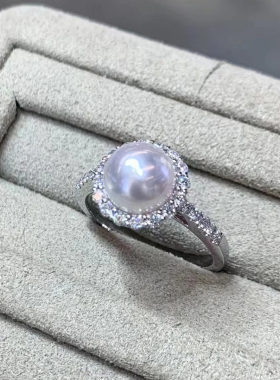 日本海水akoya珍珠戒指S925太阳花极光白亮粉面无瑕海水珍珠戒指