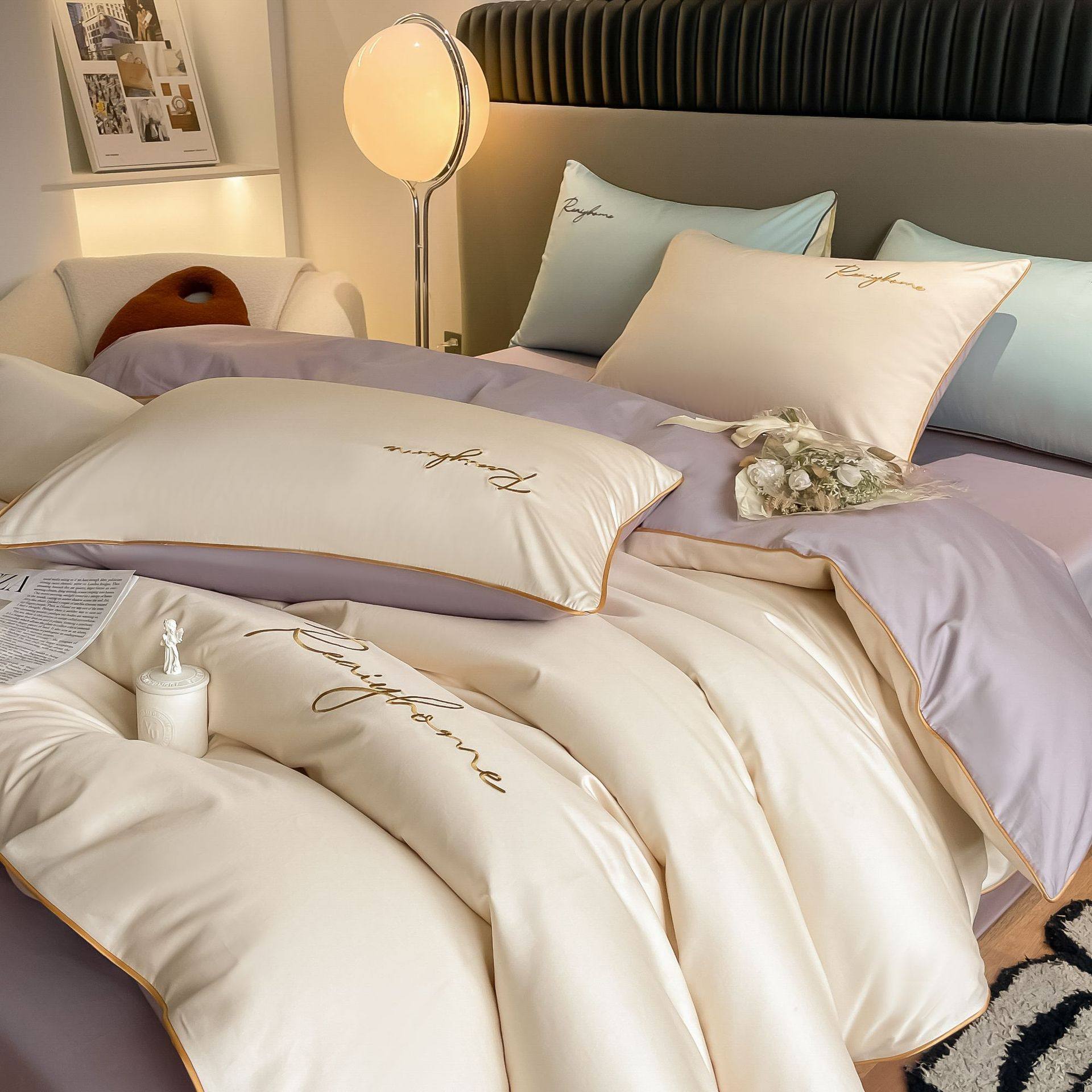 质感刺绣60支长绒棉四件套纯棉床单床笠轻奢条纹宿舍套件裸睡床品,淘宝优惠券,粉丝福利购,淘宝优惠卷