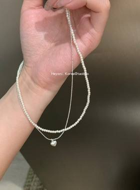 韩国叠叠珍珠双层项链爱心吊坠